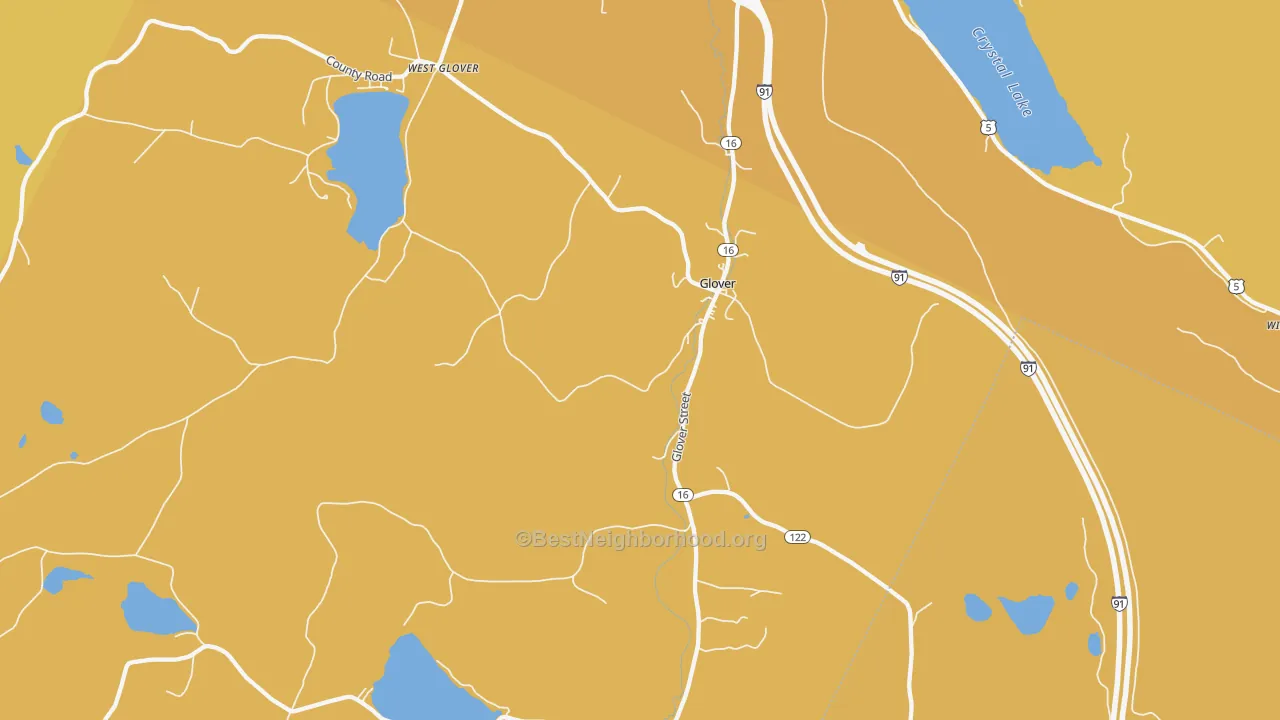 Map of the best neighborhoods in the Glover area, with better matches in green and worse matches in red