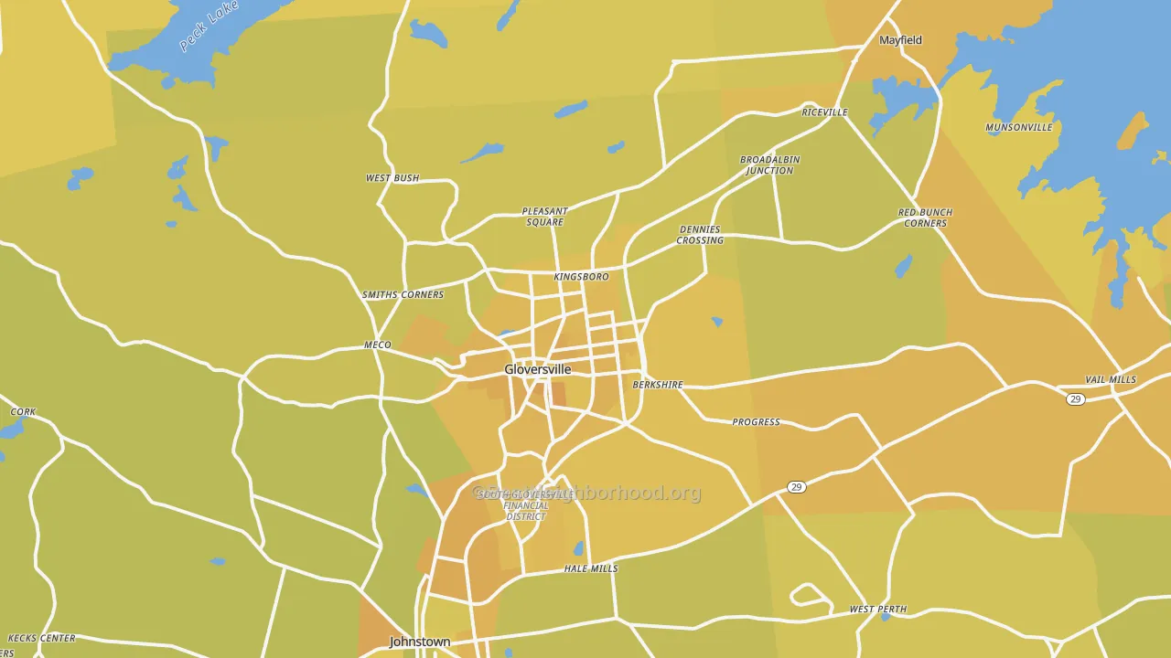Map of the best neighborhoods in the Gloversville area, with better matches in green and worse matches in red