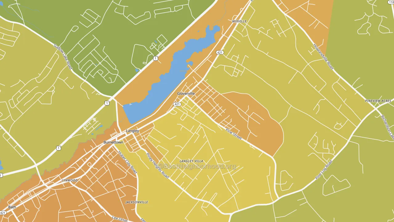 Map of the best neighborhoods in the Gloverville area, with better matches in green and worse matches in red