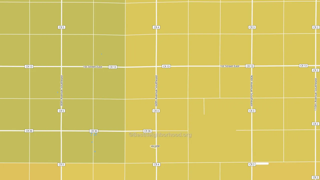 Map of the best neighborhoods in the Gluek area, with better matches in green and worse matches in red