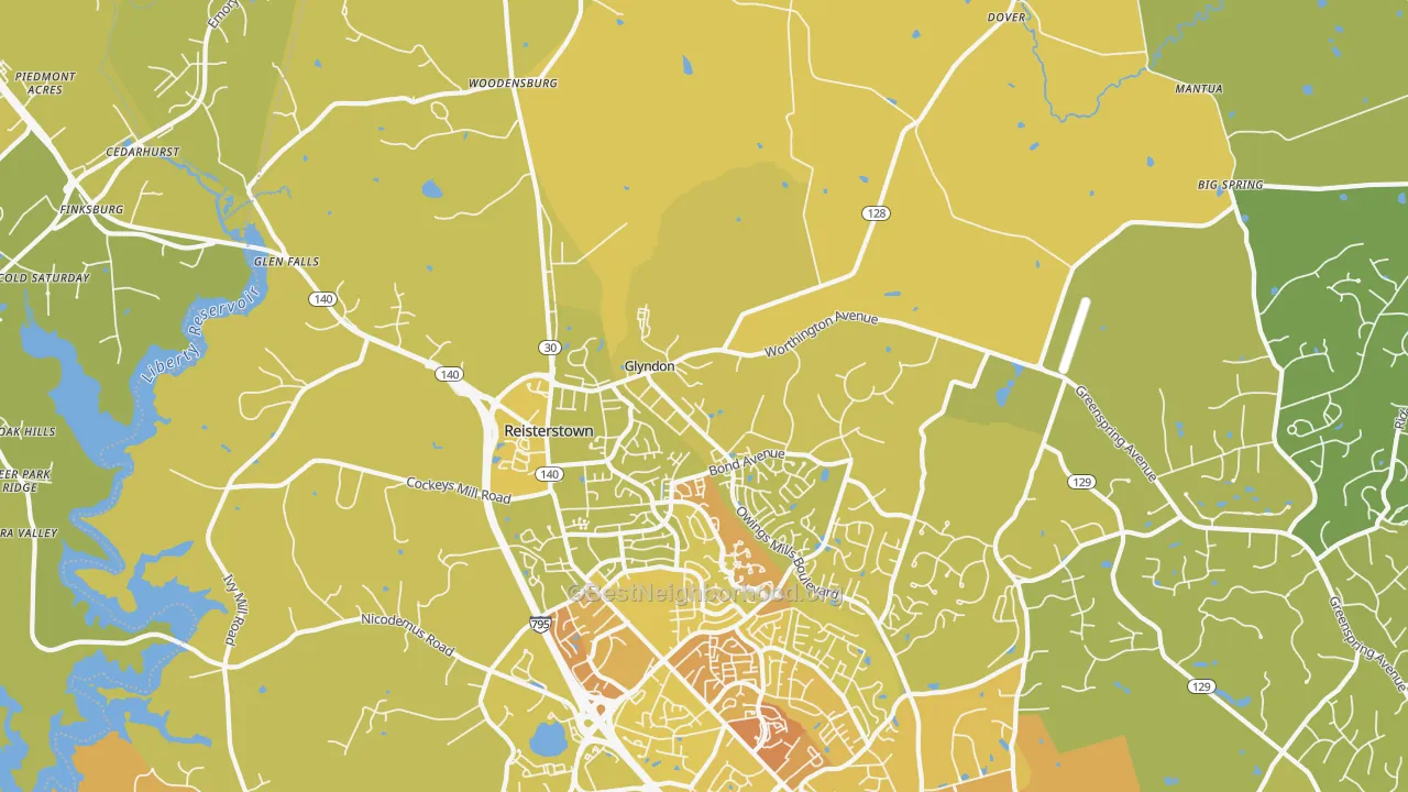 Map of the best neighborhoods in the Glyndon area, with better matches in green and worse matches in red
