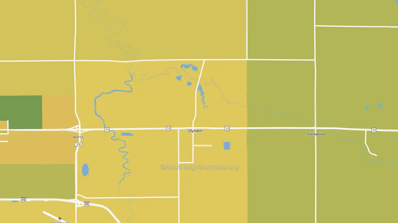Map of the best neighborhoods in the Glyndon area, with better matches in green and worse matches in red