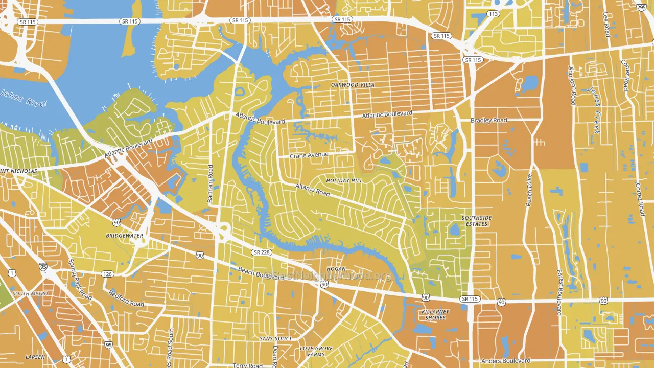 Map of the best neighborhoods in the Glynlea-Grove Park, Jacksonville area, with better matches in green and worse matches in red