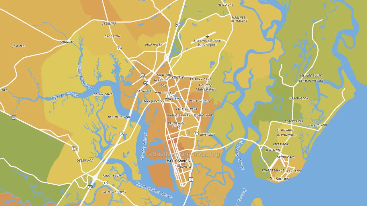 Map of the best neighborhoods in the Glynn County area, with better matches in green and worse matches in red