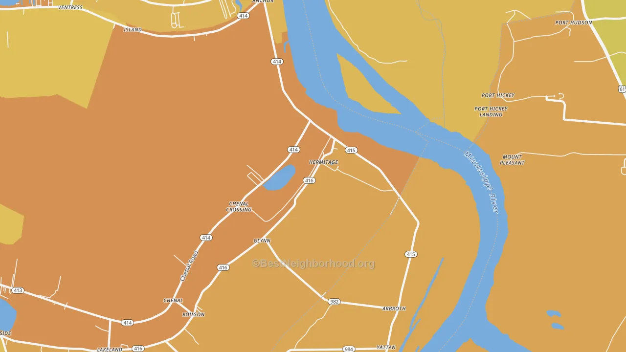 Map of the best neighborhoods in the Glynn area, with better matches in green and worse matches in red