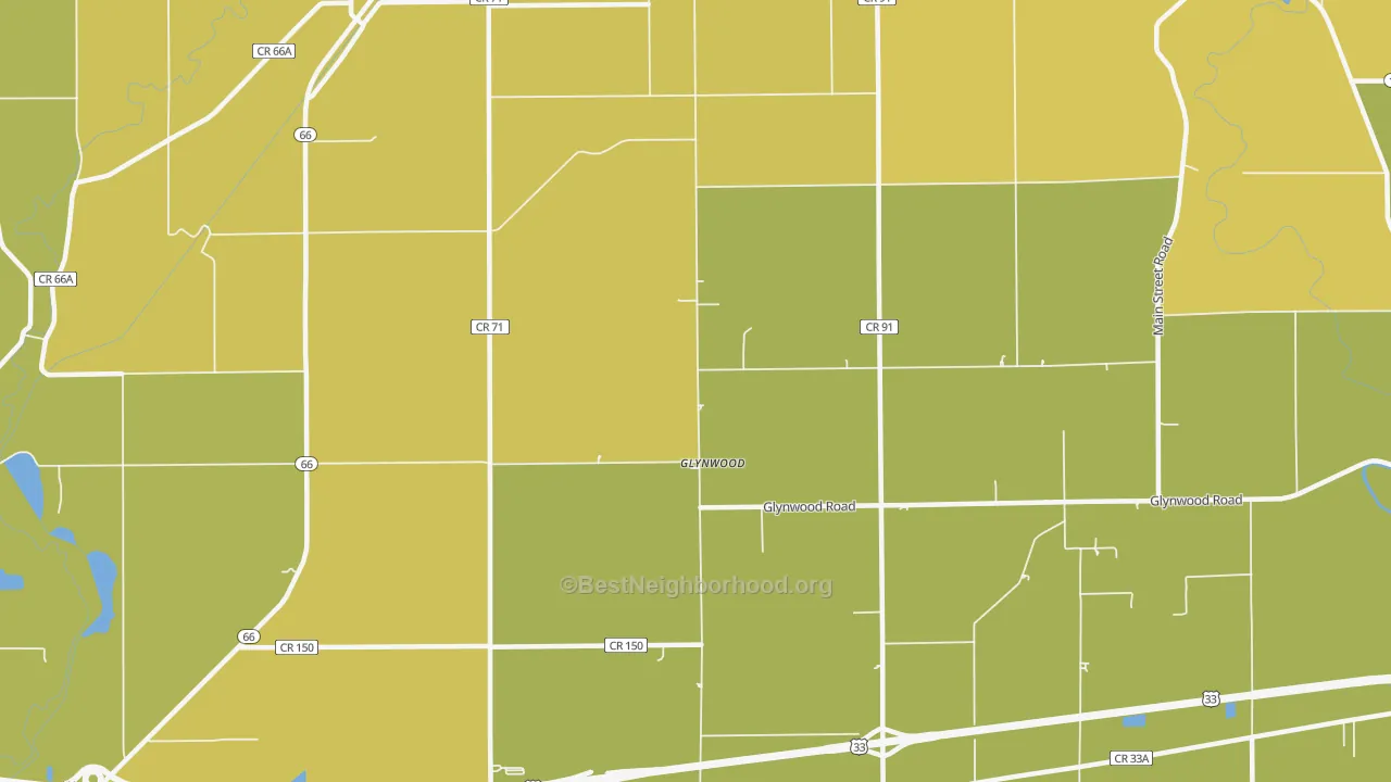 Map of the best neighborhoods in the Glynwood area, with better matches in green and worse matches in red