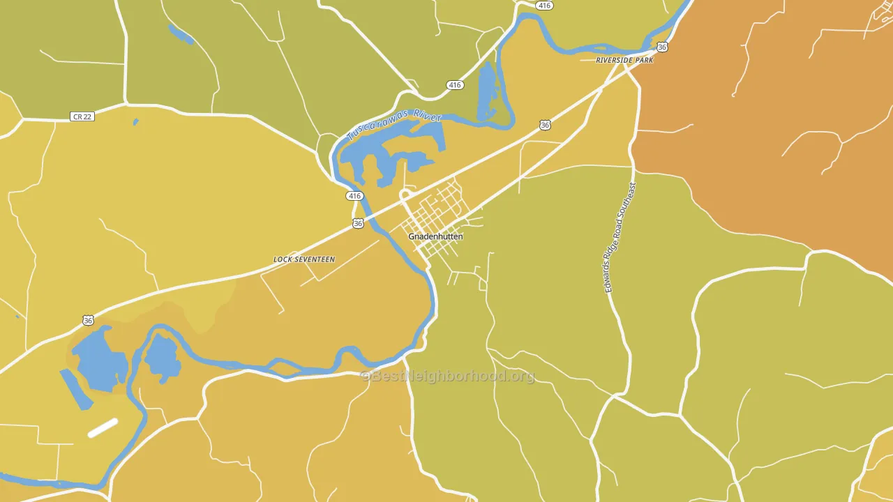 Map of the best neighborhoods in the Gnadenhutten area, with better matches in green and worse matches in red