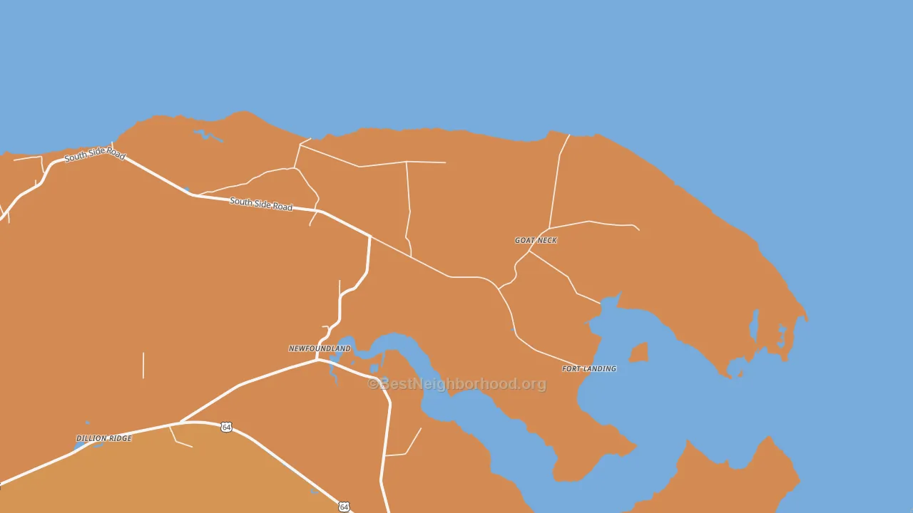 Map of the best neighborhoods in the Goat Neck area, with better matches in green and worse matches in red