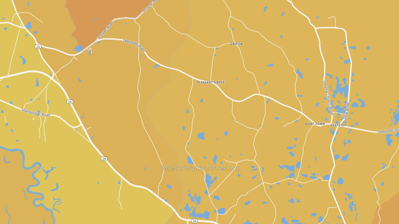 Map of the best neighborhoods in the Goat Town area, with better matches in green and worse matches in red