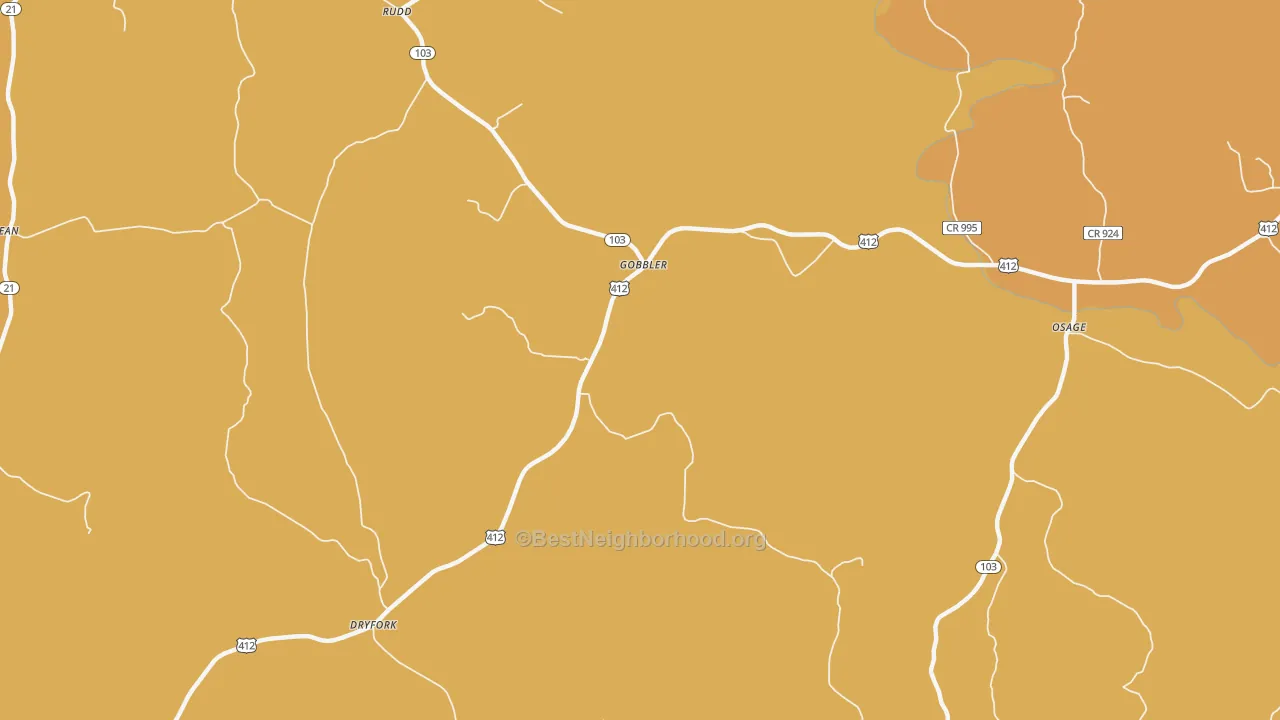 Map of the best neighborhoods in the Gobbler area, with better matches in green and worse matches in red