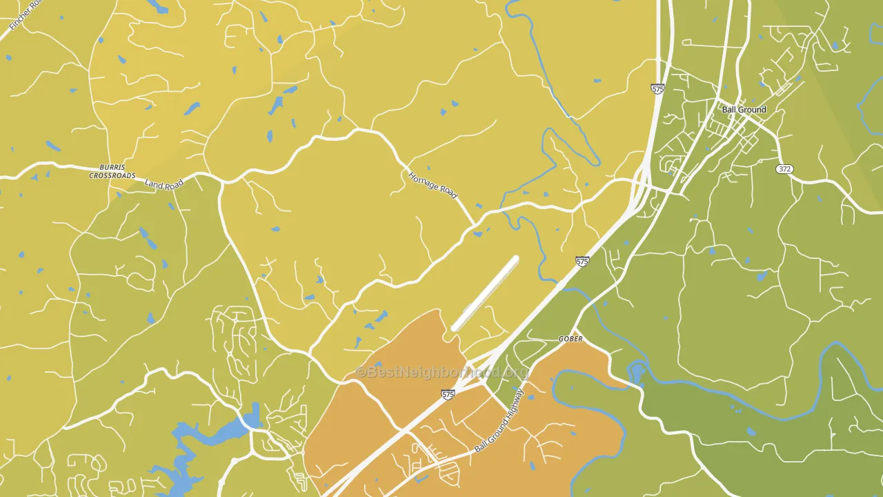 Map of the best neighborhoods in the Gober area, with better matches in green and worse matches in red