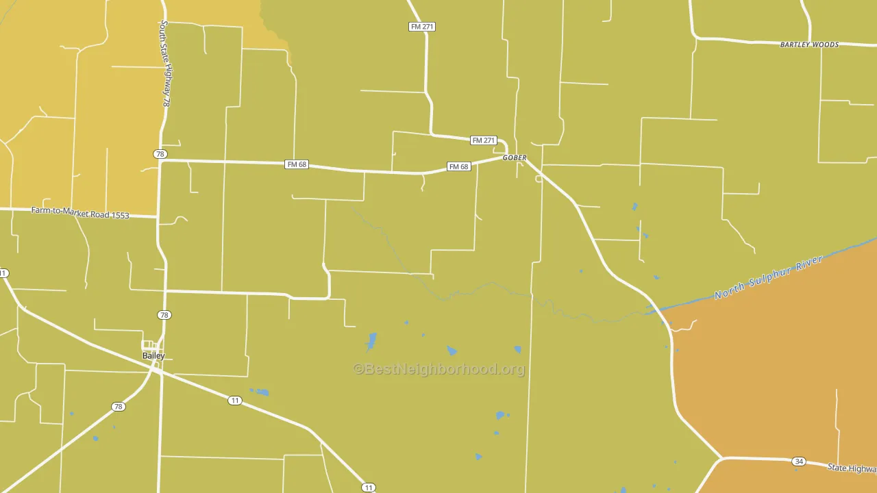 Map of the best neighborhoods in the Gober area, with better matches in green and worse matches in red