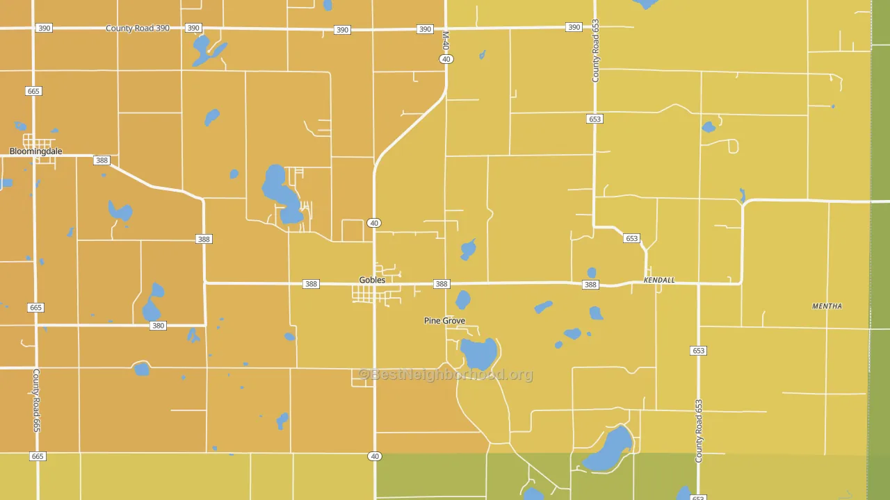 Map of the best neighborhoods in the Gobles area, with better matches in green and worse matches in red