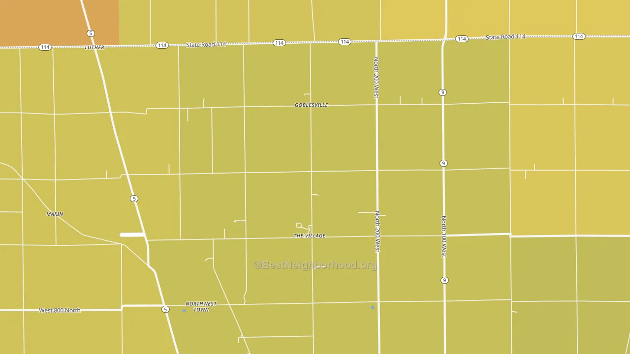 Map of the best neighborhoods in the Goblesville area, with better matches in green and worse matches in red