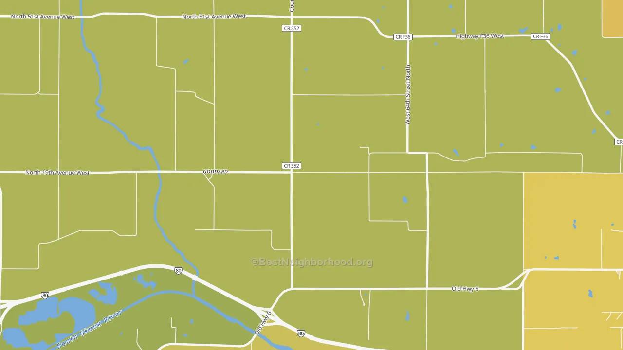 Map of the best neighborhoods in the Goddard area, with better matches in green and worse matches in red