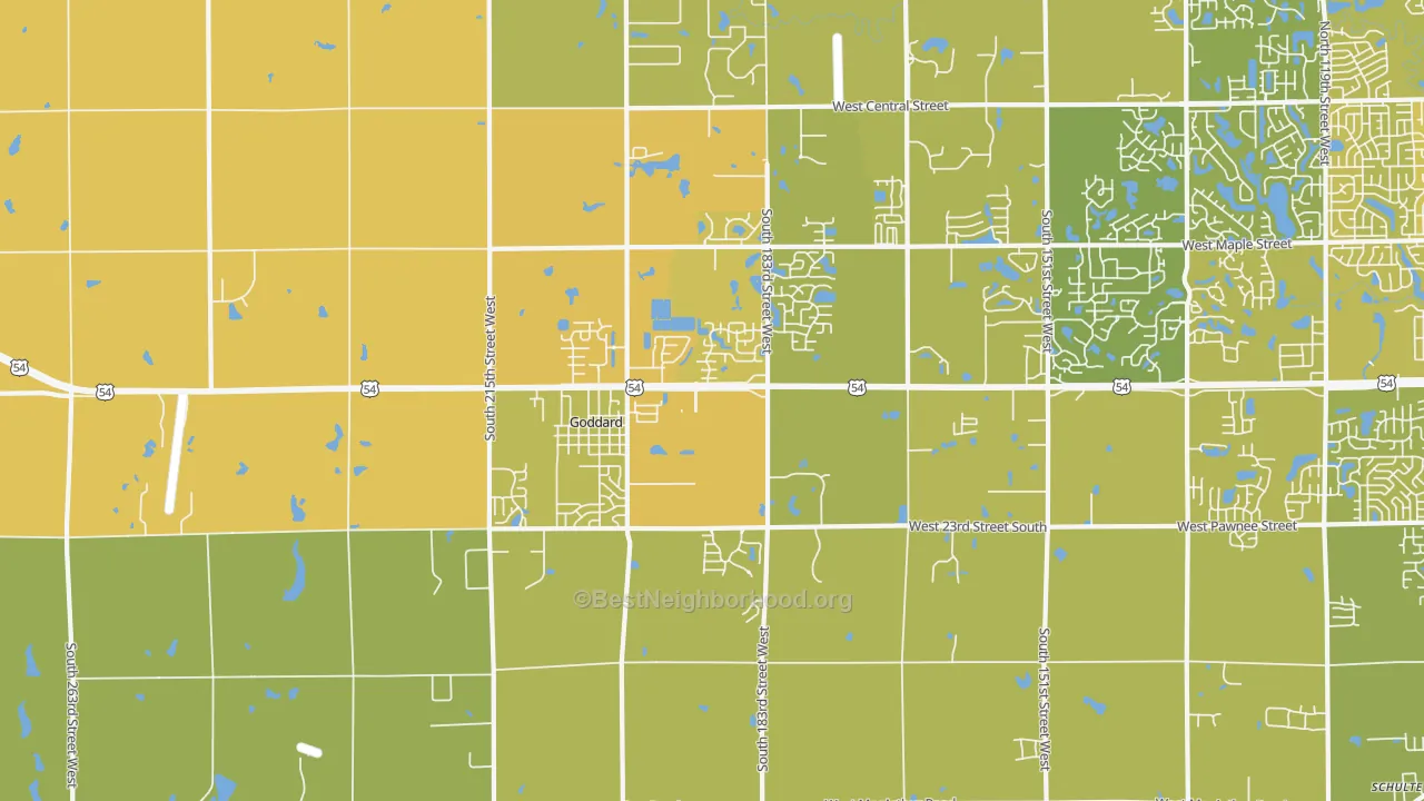 Map of the best neighborhoods in the Goddard area, with better matches in green and worse matches in red