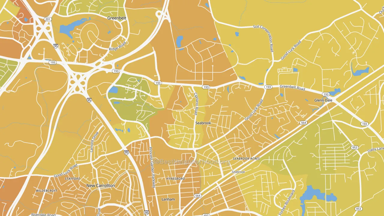 Map of the best neighborhoods in the Goddard, Seabrook area, with better matches in green and worse matches in red