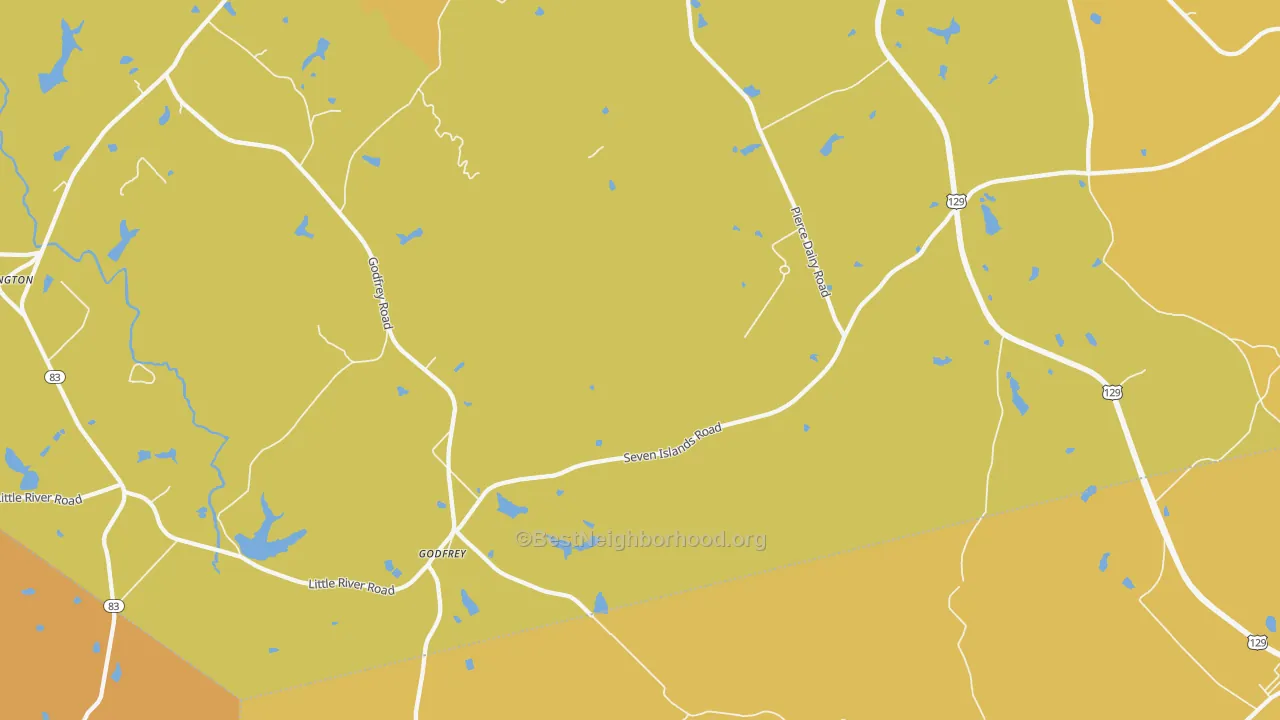 Map of the best neighborhoods in the Godfrey area, with better matches in green and worse matches in red