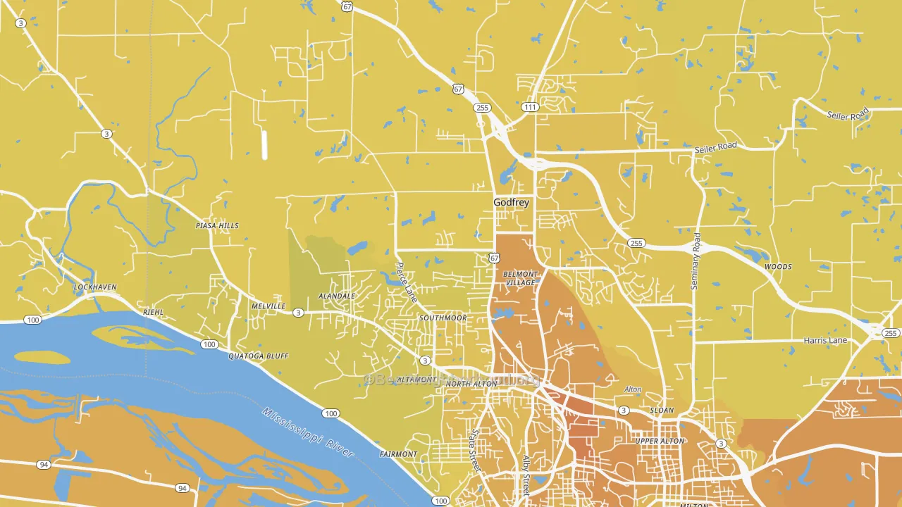 Map of the best neighborhoods in the Godfrey area, with better matches in green and worse matches in red