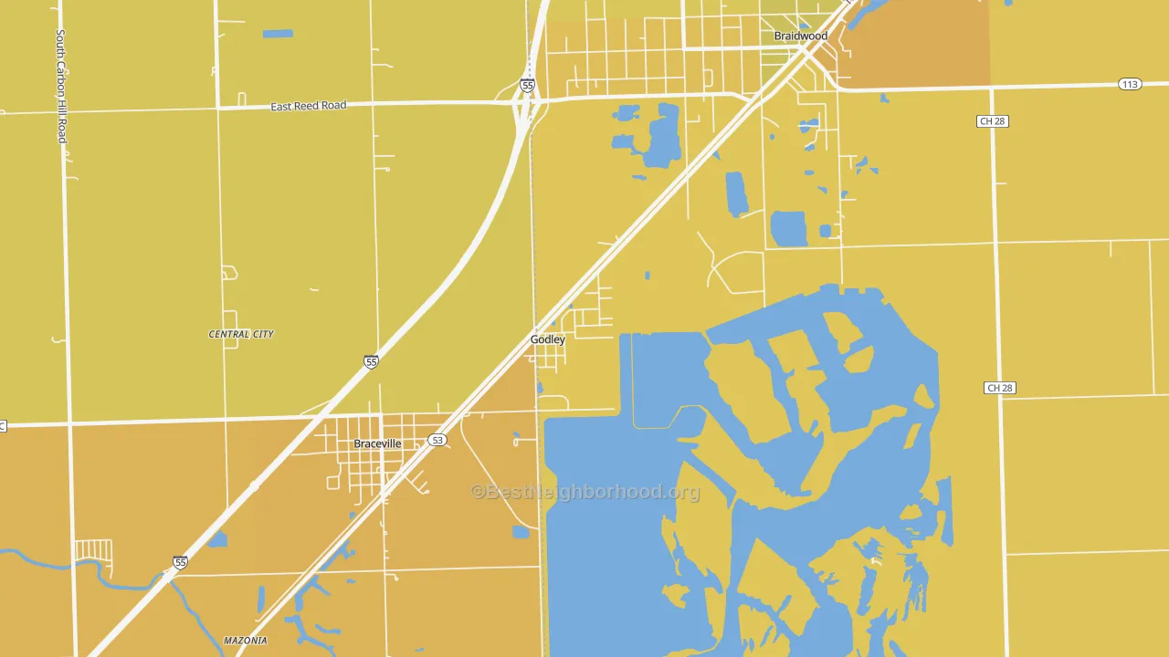Map of the best neighborhoods in the Godley area, with better matches in green and worse matches in red
