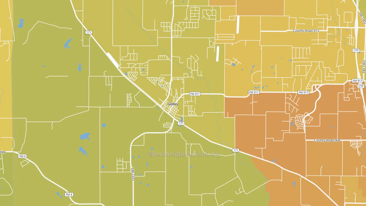 Map of the best neighborhoods in the Godley area, with better matches in green and worse matches in red
