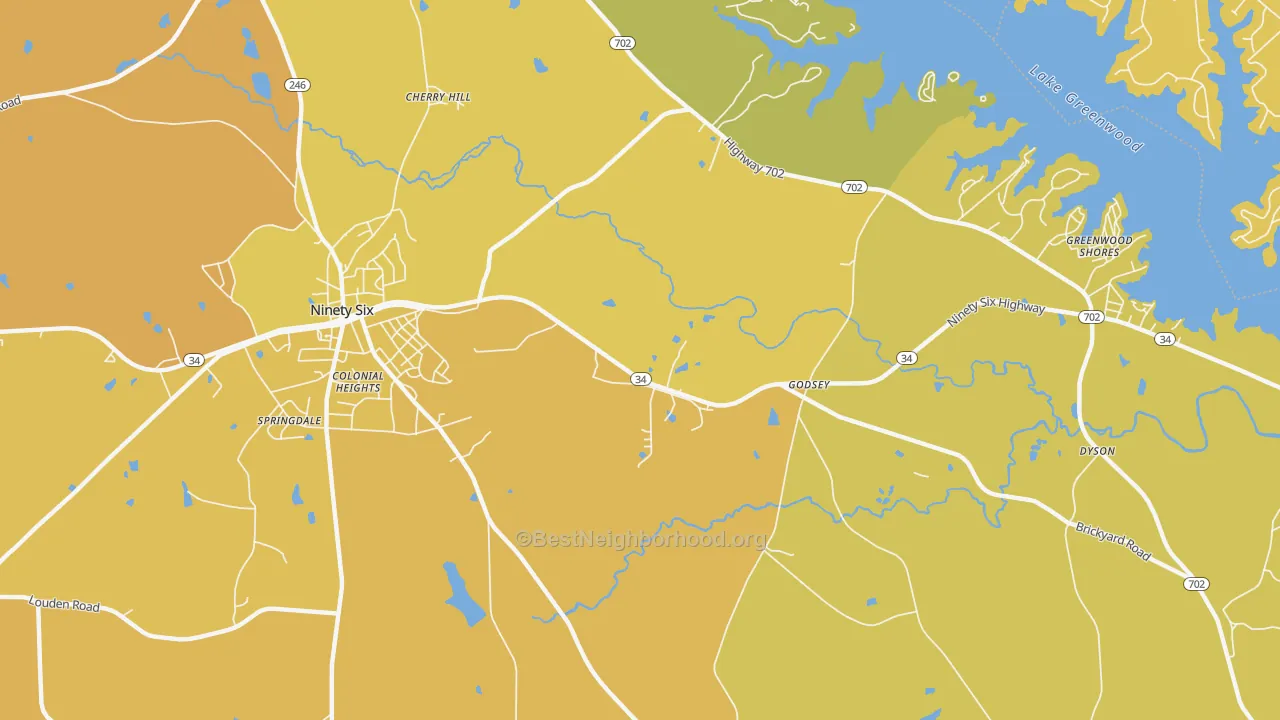 Map of the best neighborhoods in the Godsey area, with better matches in green and worse matches in red
