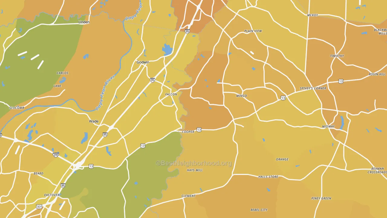 Map of the best neighborhoods in the Godwin area, with better matches in green and worse matches in red