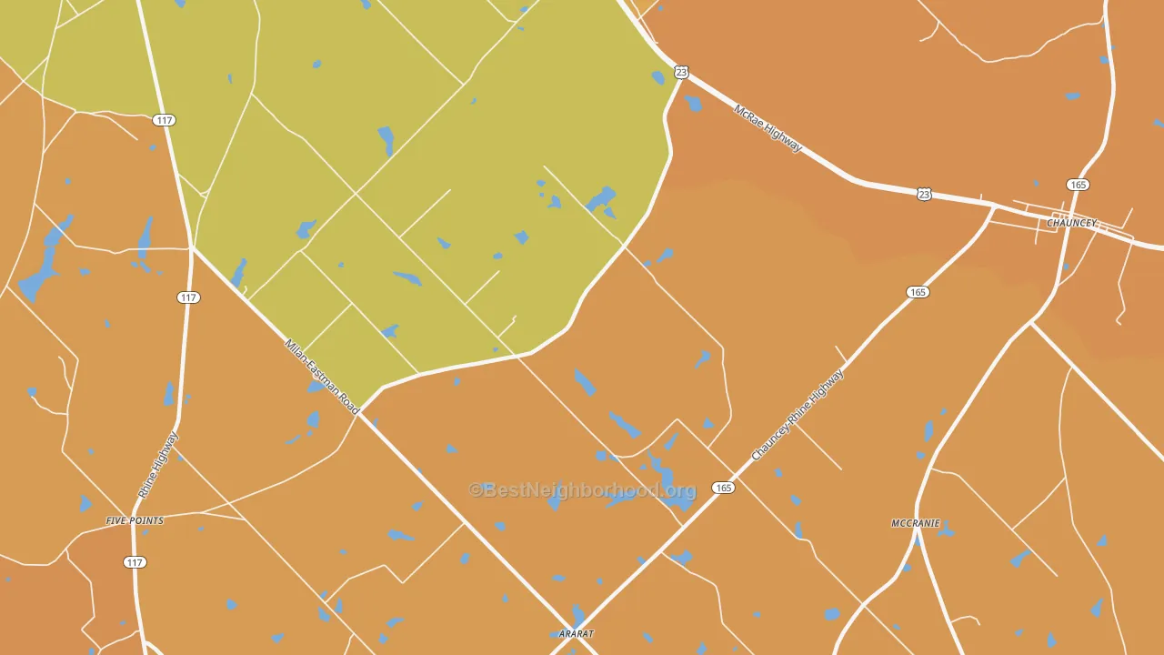Map of the best neighborhoods in the Godwinsville area, with better matches in green and worse matches in red