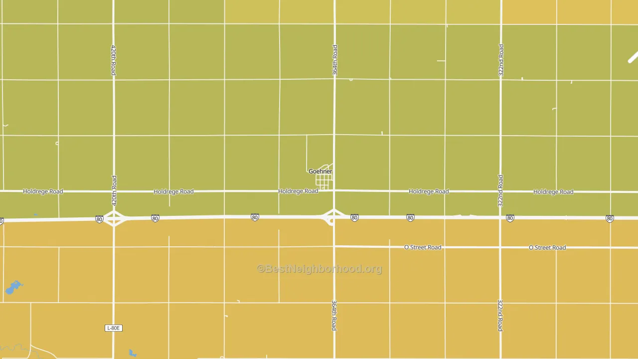 Map of the best neighborhoods in the Goehner area, with better matches in green and worse matches in red