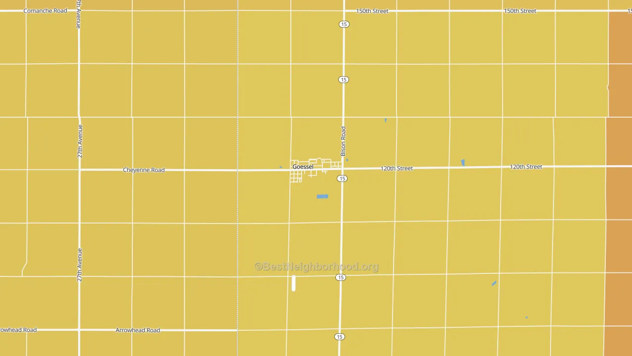 Map of the best neighborhoods in the Goessel area, with better matches in green and worse matches in red