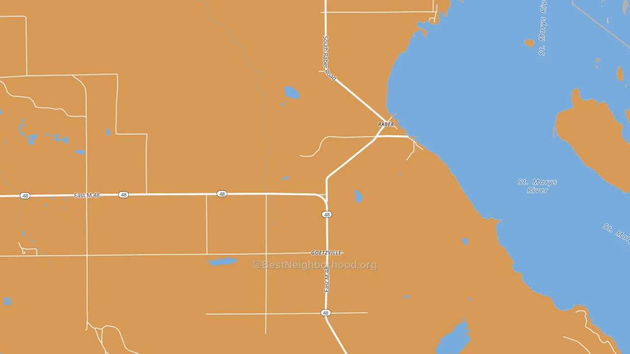 Map of the best neighborhoods in the Goetzville area, with better matches in green and worse matches in red