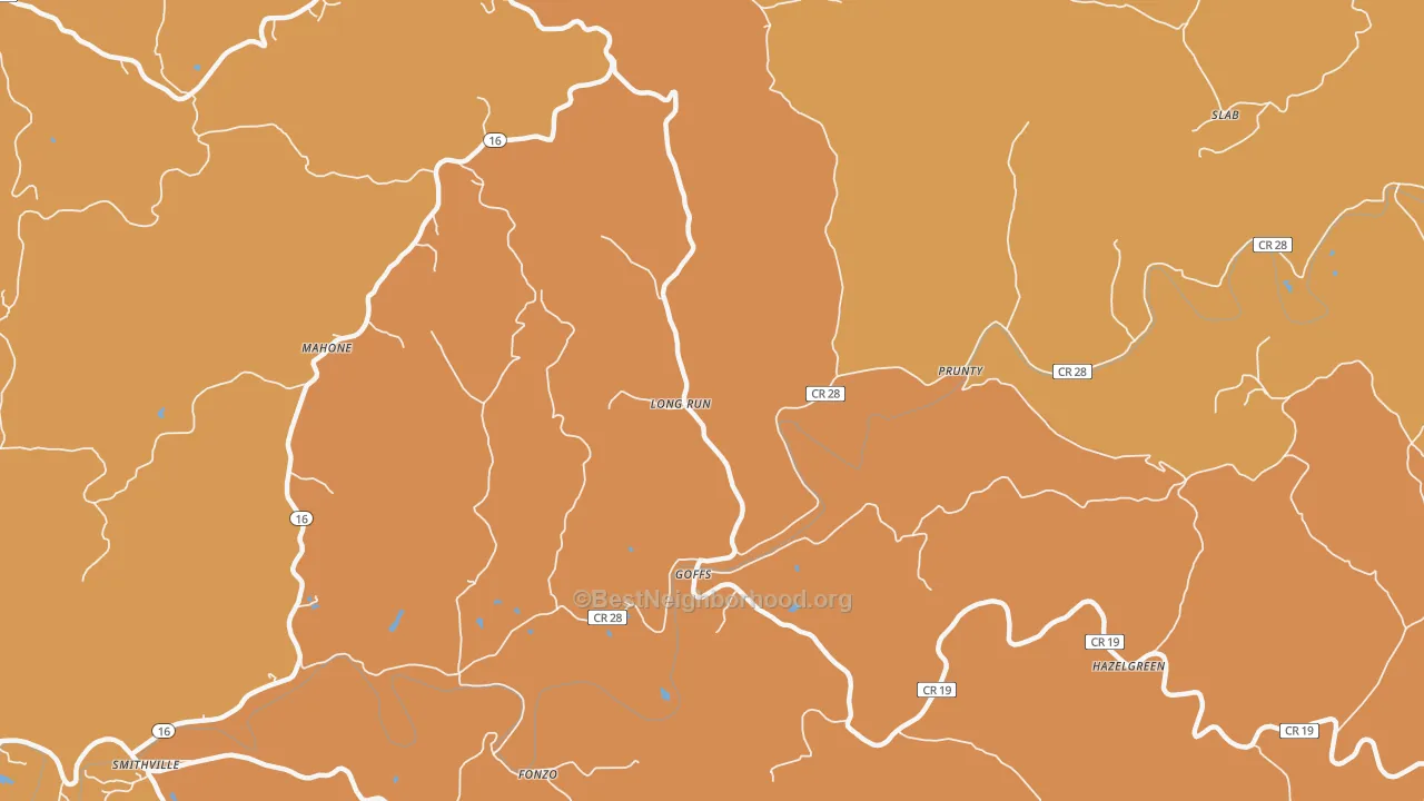 Map of the best neighborhoods in the Goffs area, with better matches in green and worse matches in red