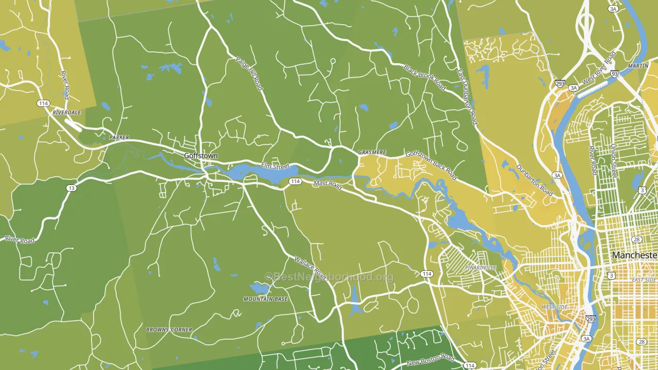 Map of the best neighborhoods in the Goffstown area, with better matches in green and worse matches in red