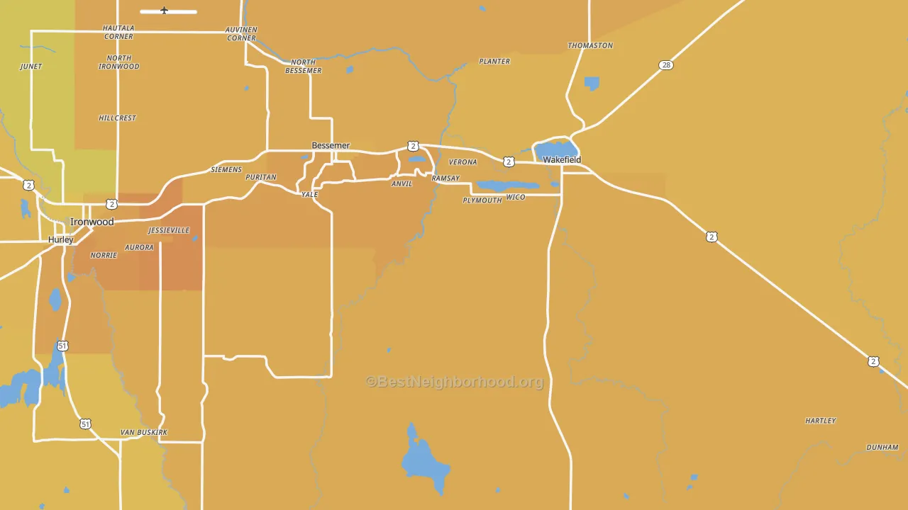 Map of the best neighborhoods in the Gogebic County area, with better matches in green and worse matches in red