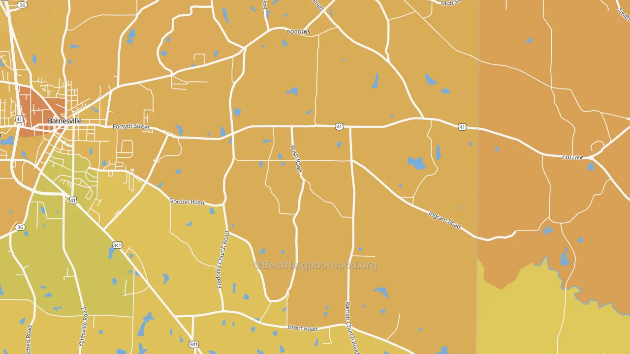 Map of the best neighborhoods in the Goggins area, with better matches in green and worse matches in red
