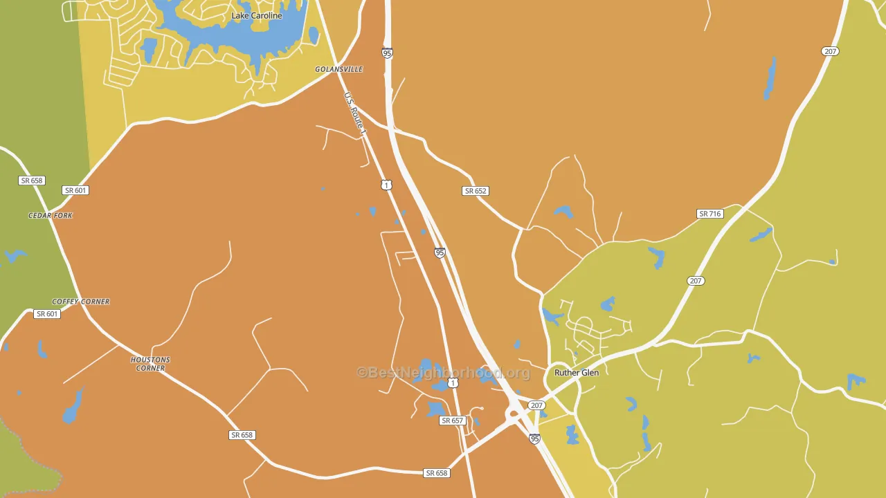 Map of the best neighborhoods in the Golansville area, with better matches in green and worse matches in red