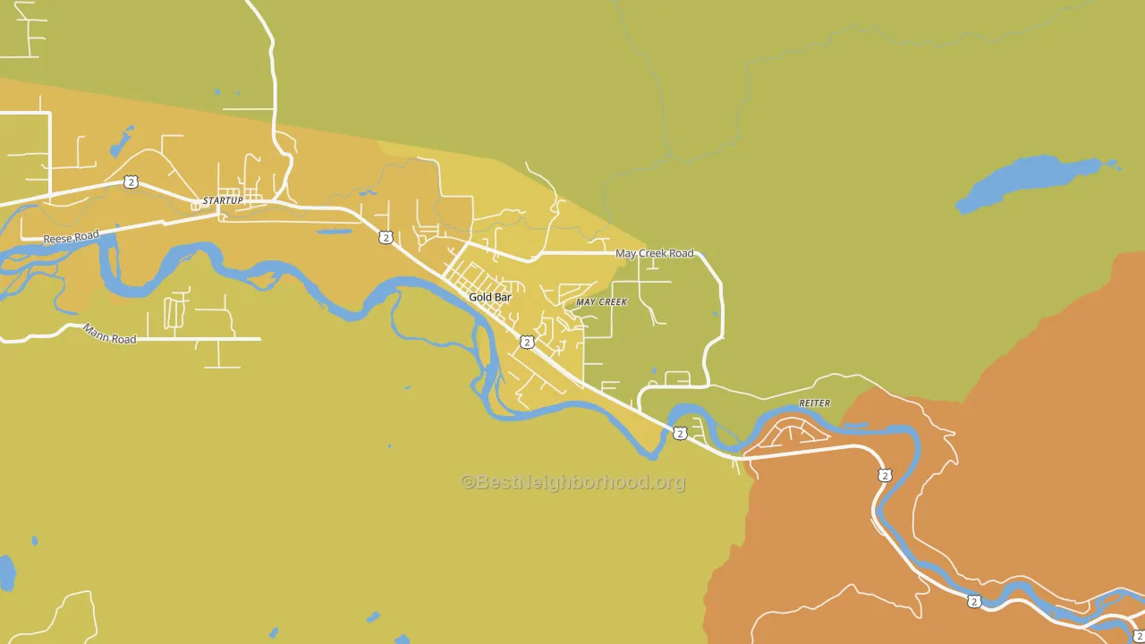 Map of the best neighborhoods in the Gold Bar area, with better matches in green and worse matches in red