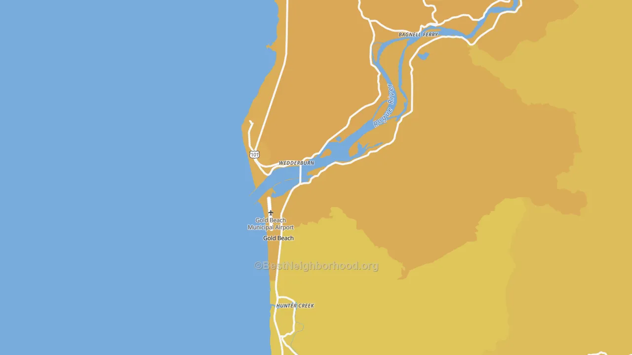 Map of the best neighborhoods in the Gold Beach area, with better matches in green and worse matches in red