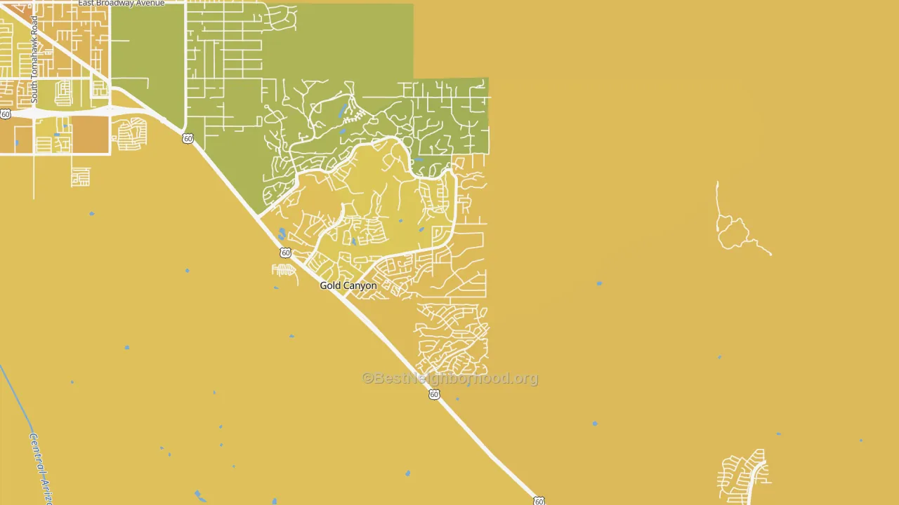 Map of the best neighborhoods in the Gold Canyon area, with better matches in green and worse matches in red