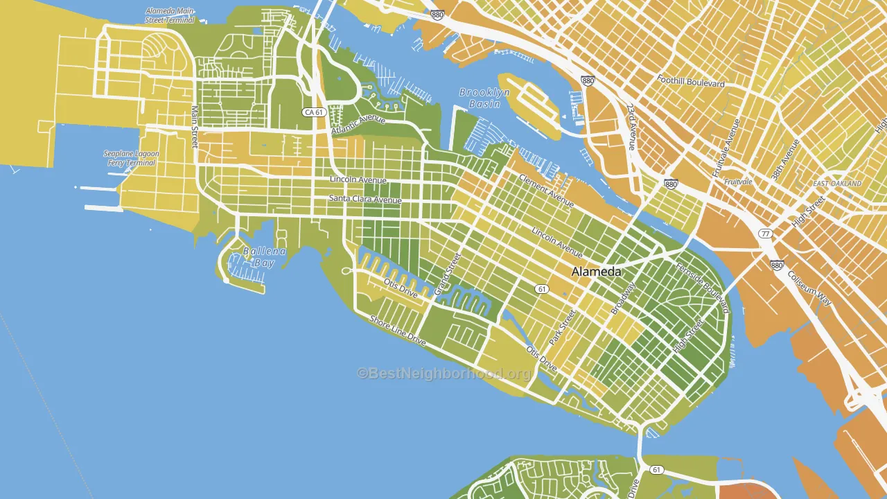 Map of the best neighborhoods in the Gold Coast, Alameda area, with better matches in green and worse matches in red