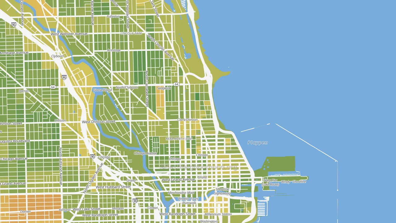 Map of the best neighborhoods in the Gold Coast, Chicago area, with better matches in green and worse matches in red