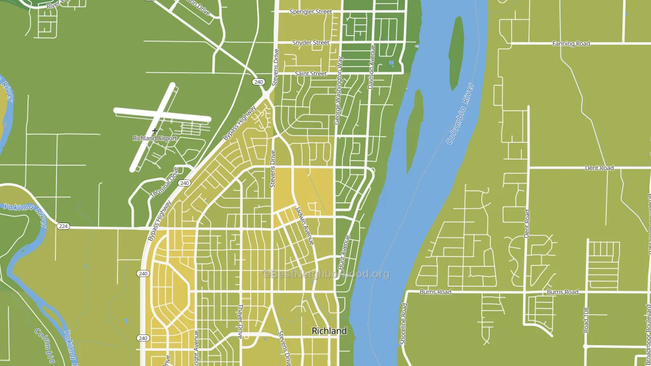 Map of the best neighborhoods in the Gold Coast, Richland area, with better matches in green and worse matches in red