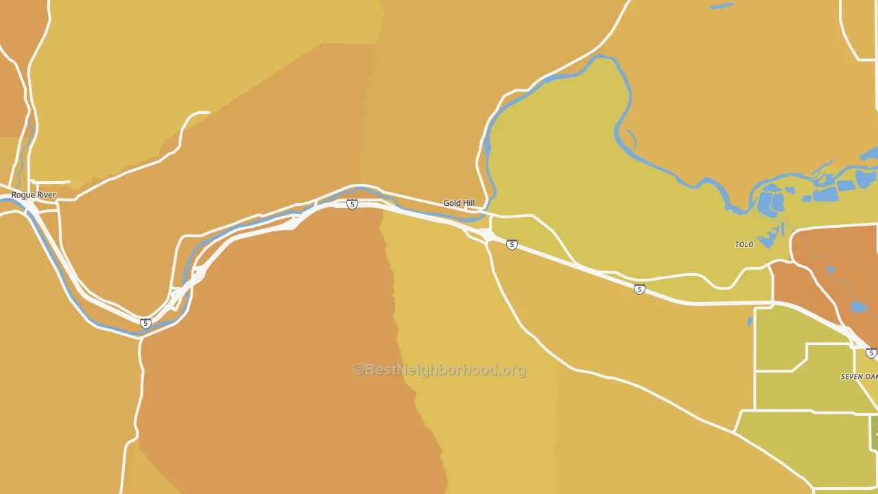Map of the best neighborhoods in the Gold Hill area, with better matches in green and worse matches in red