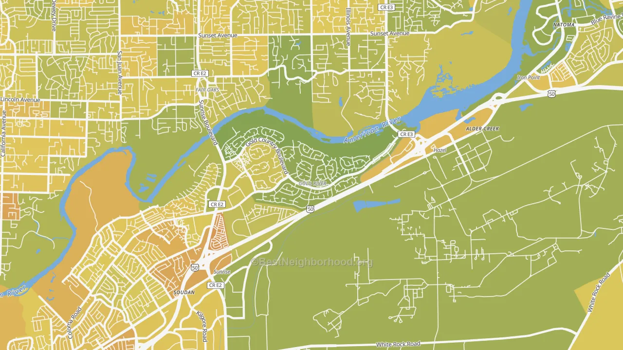 Map of the best neighborhoods in the Gold River area, with better matches in green and worse matches in red