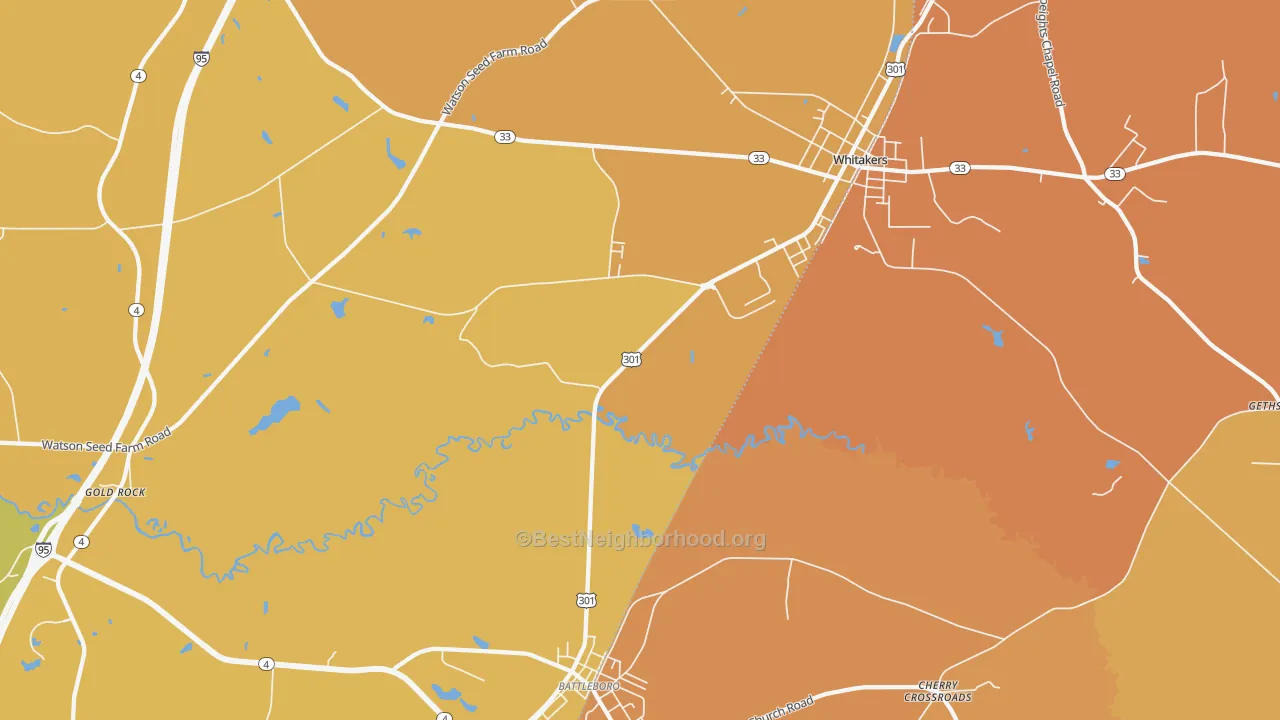 Map of the best neighborhoods in the Gold Rock area, with better matches in green and worse matches in red