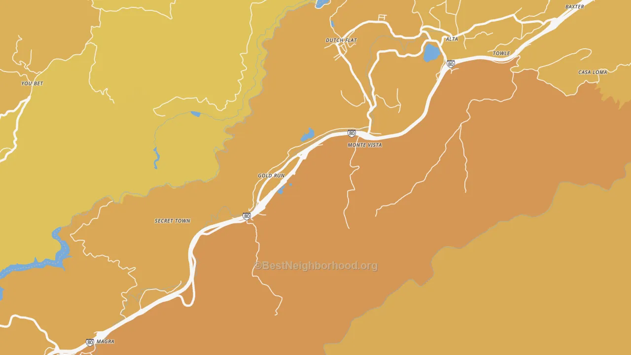 Map of the best neighborhoods in the Gold Run area, with better matches in green and worse matches in red