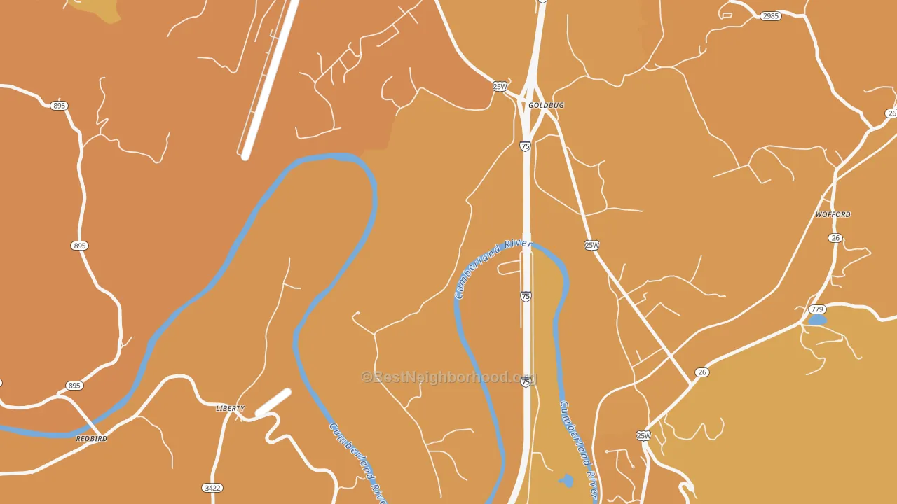 Map of the best neighborhoods in the Goldbug area, with better matches in green and worse matches in red
