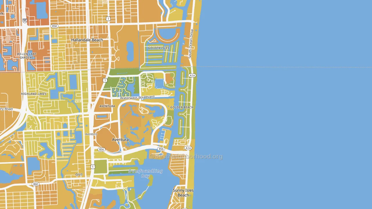 Map of the best neighborhoods in the Golden Beach area, with better matches in green and worse matches in red