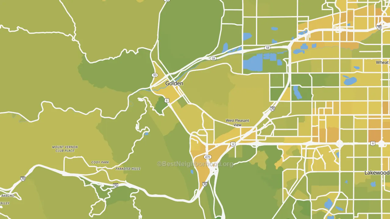 Map of the best neighborhoods in the Golden area, with better matches in green and worse matches in red