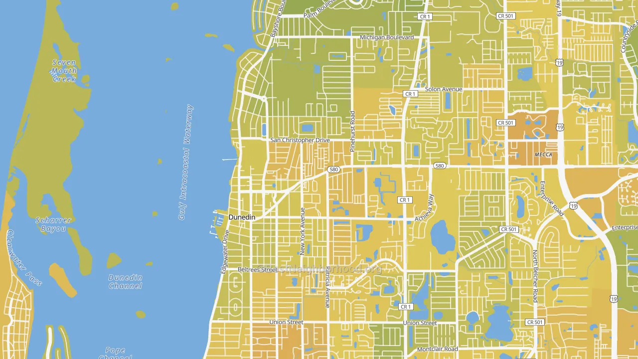 Map of the best neighborhoods in the Golden Crest, Dunedin area, with better matches in green and worse matches in red